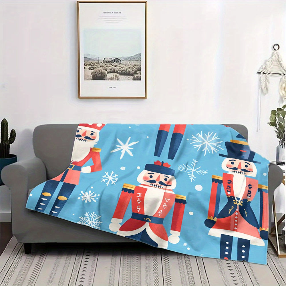Quilted Polyester Flannel Throw Blanket with Cartoon Nutcracker Pattern for All-Season Use