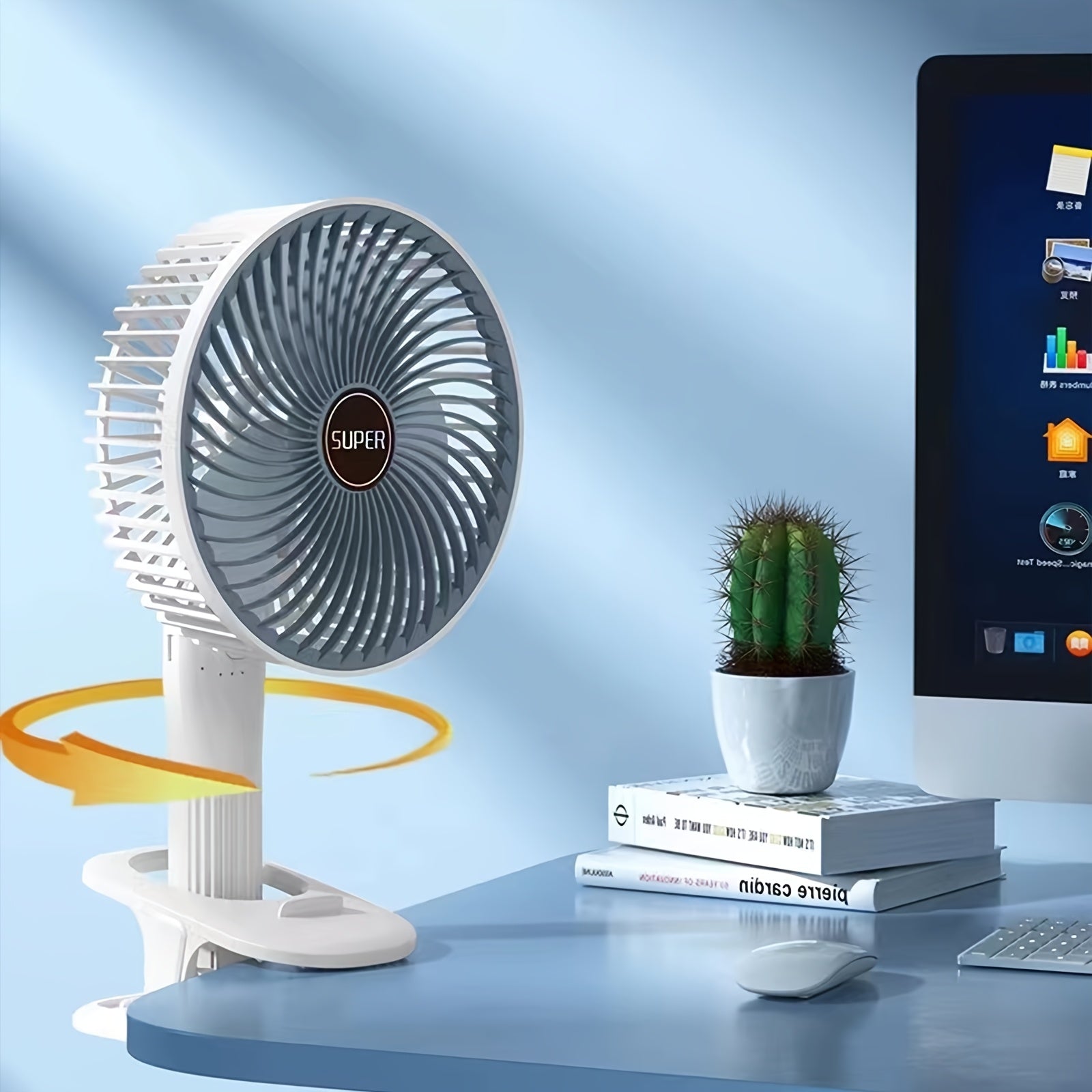 Portable clip-on fan 800mAh battery USB rechargeable 3 speeds quiet ventilation