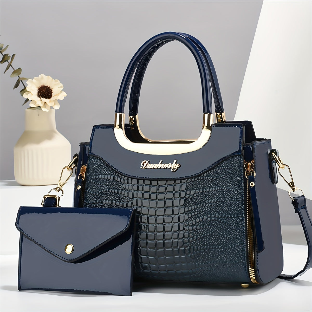 Animal Print Vegan Leather Shoulder Bag Set with Wallet Adjustable Strap Zip Closure Lightweight