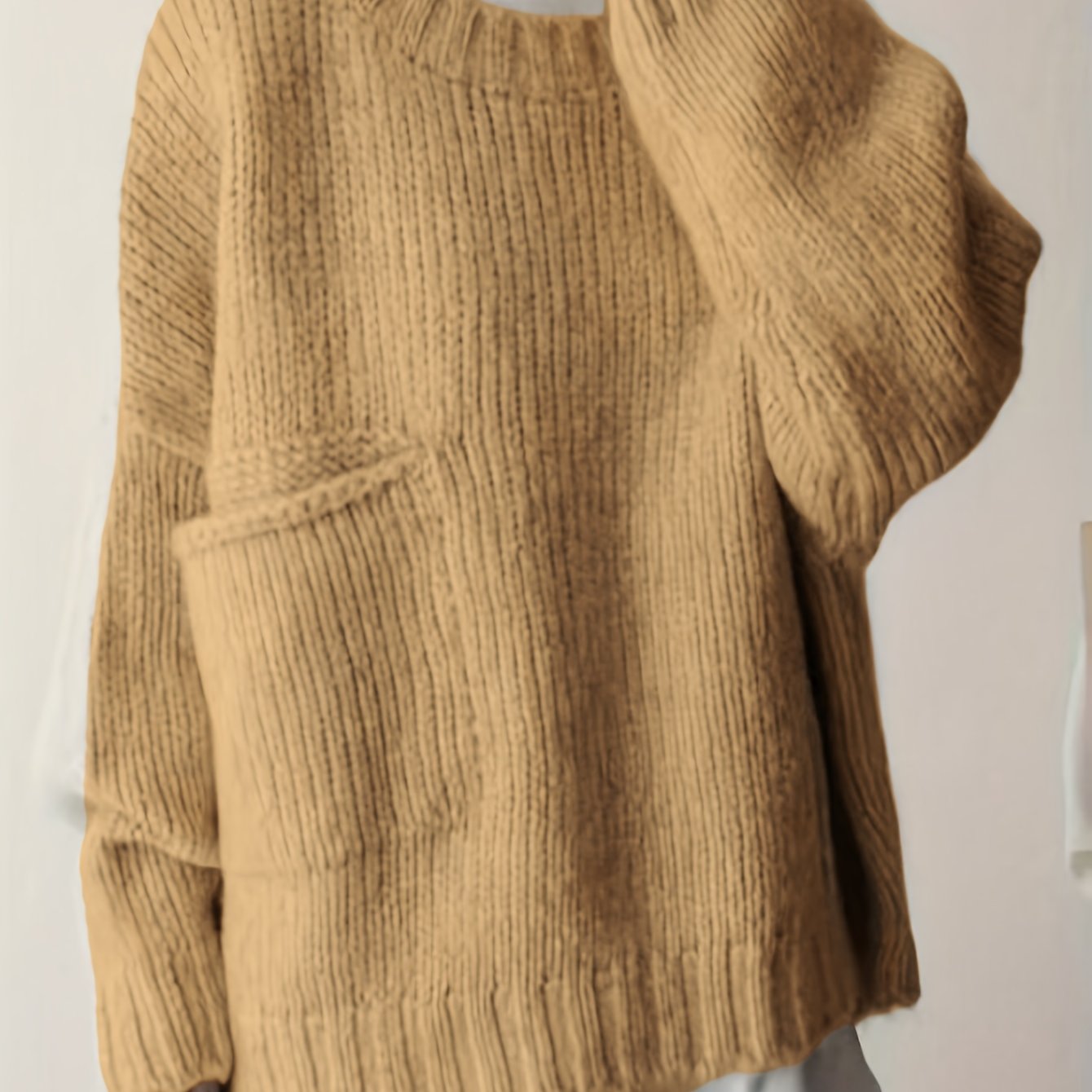 Suéter de punto verde de talla grande para mujer con bolsillos, cuello redondo, manga larga y cómodo