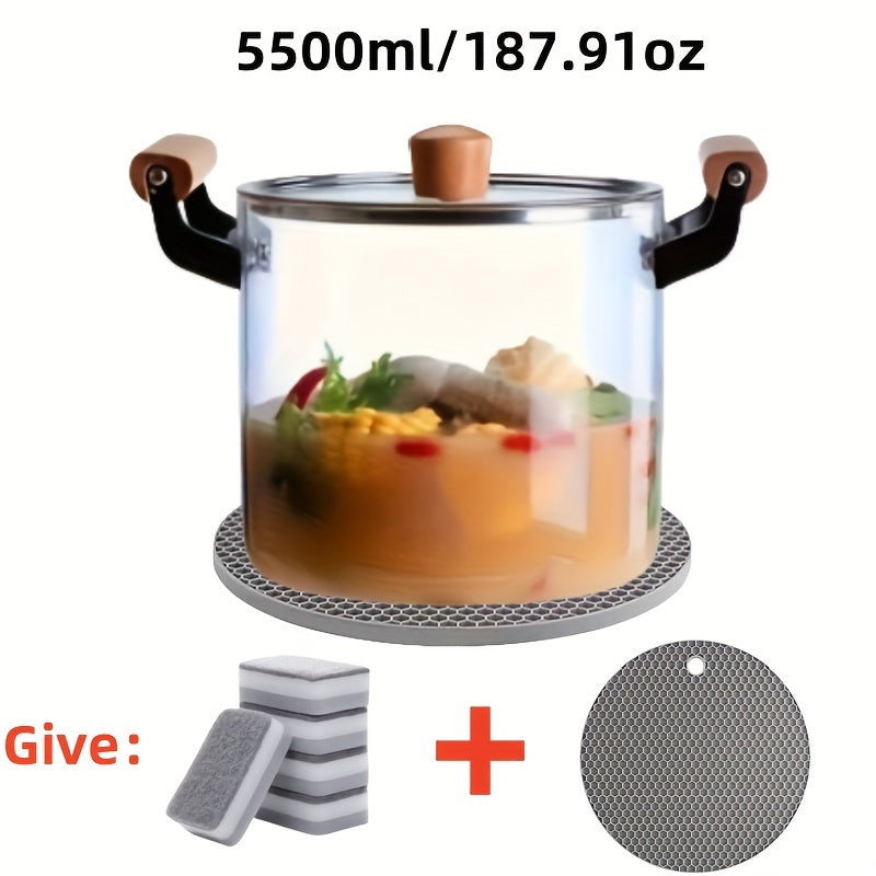 Transparent Glass Soup Pot with Lid and Wooden Handles for Easy Cleaning