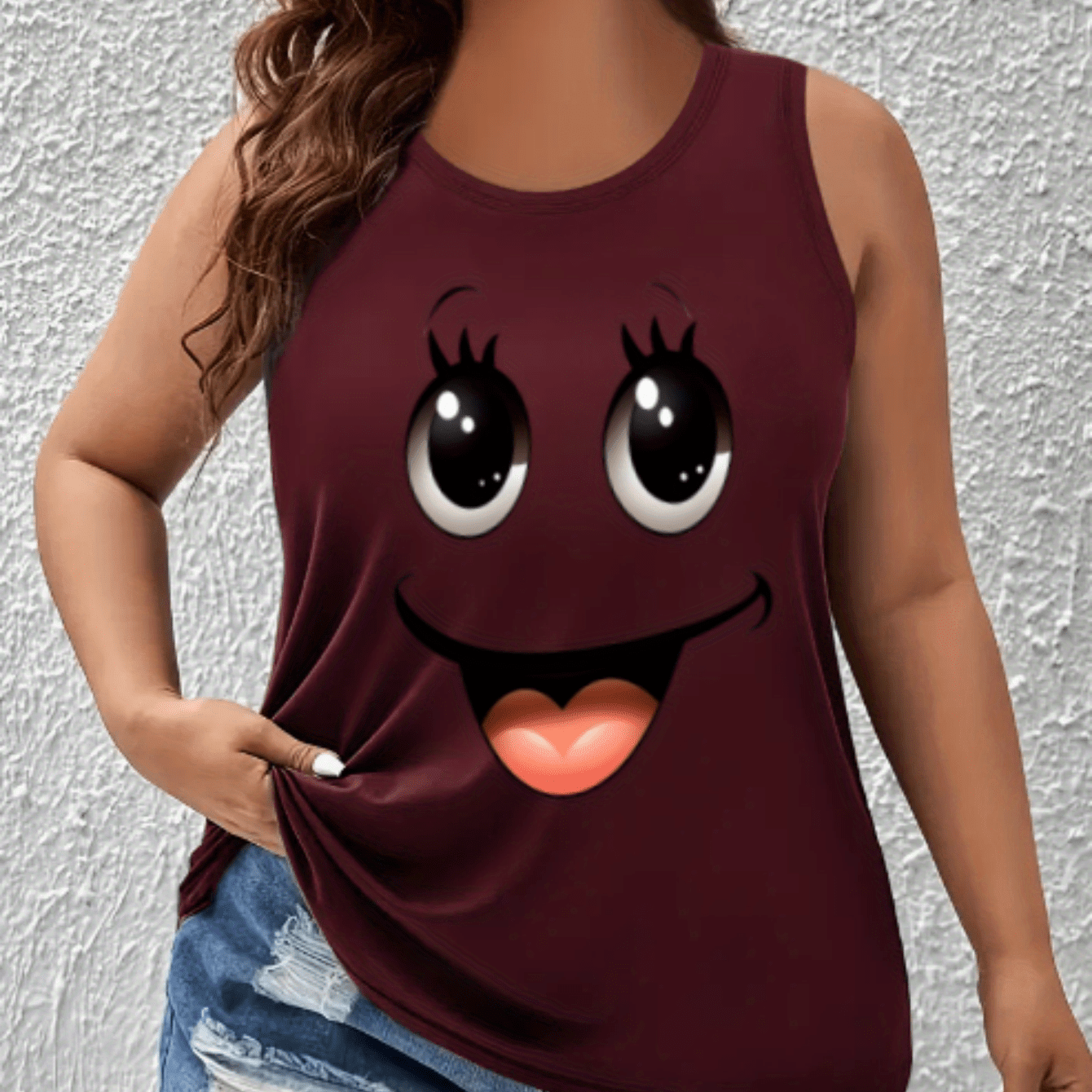 Plus Size Women Cotton Tank Top Cartoon Face Print Sleeveless Casual Summer Clothing