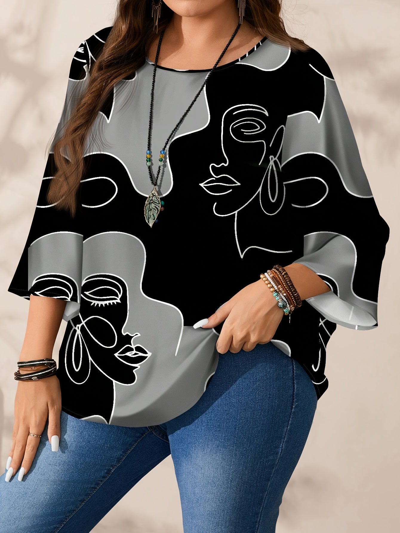 Plus Size Women's Abstract Face Pattern Short Sleeve Blouse Lightweight Summer Wear