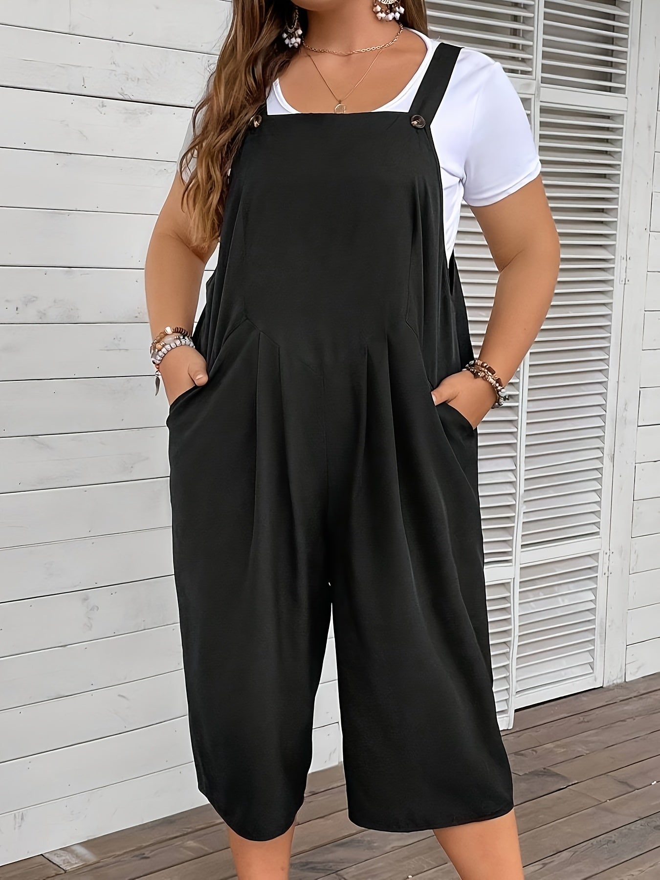 Women's Plus Size Green Sleeveless Overalls with Pockets