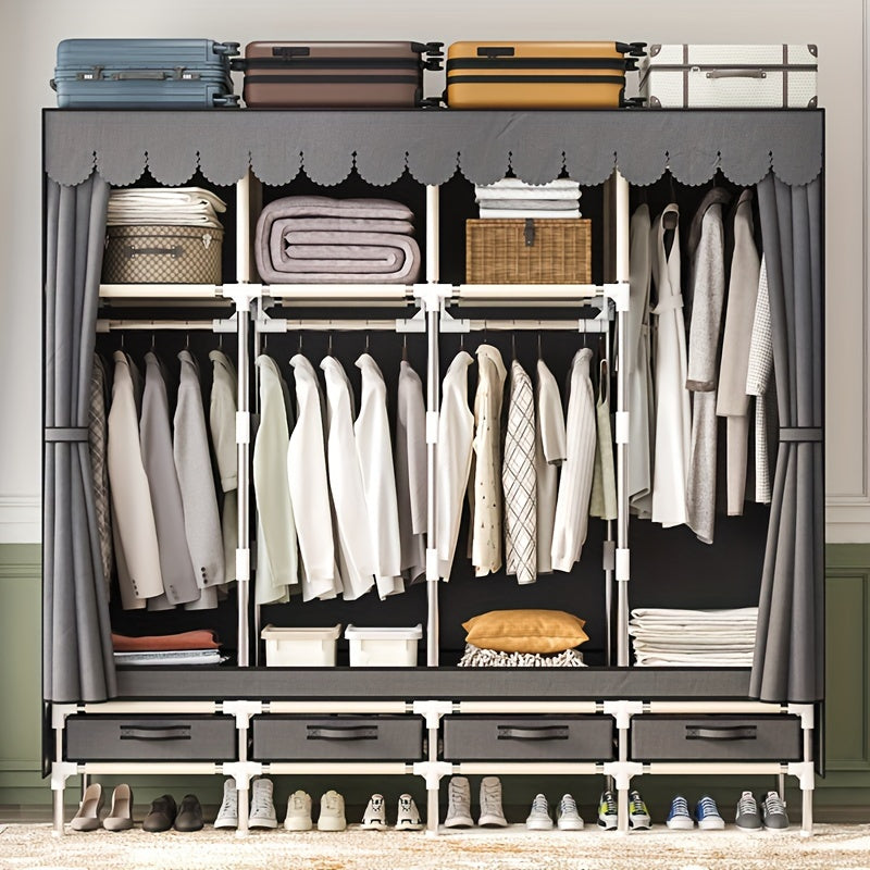 Wooden Bedroom Wardrobe with Steel Frame and Multiple Storage Compartments