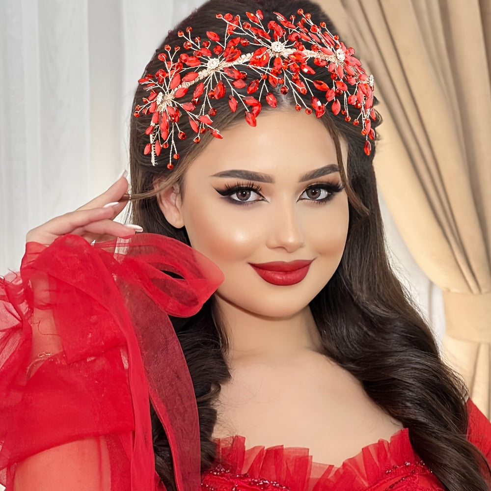 Diadema de novia bohemia con tiara de pedrería y cuentas, accesorio de boda en rojo, verde y azul