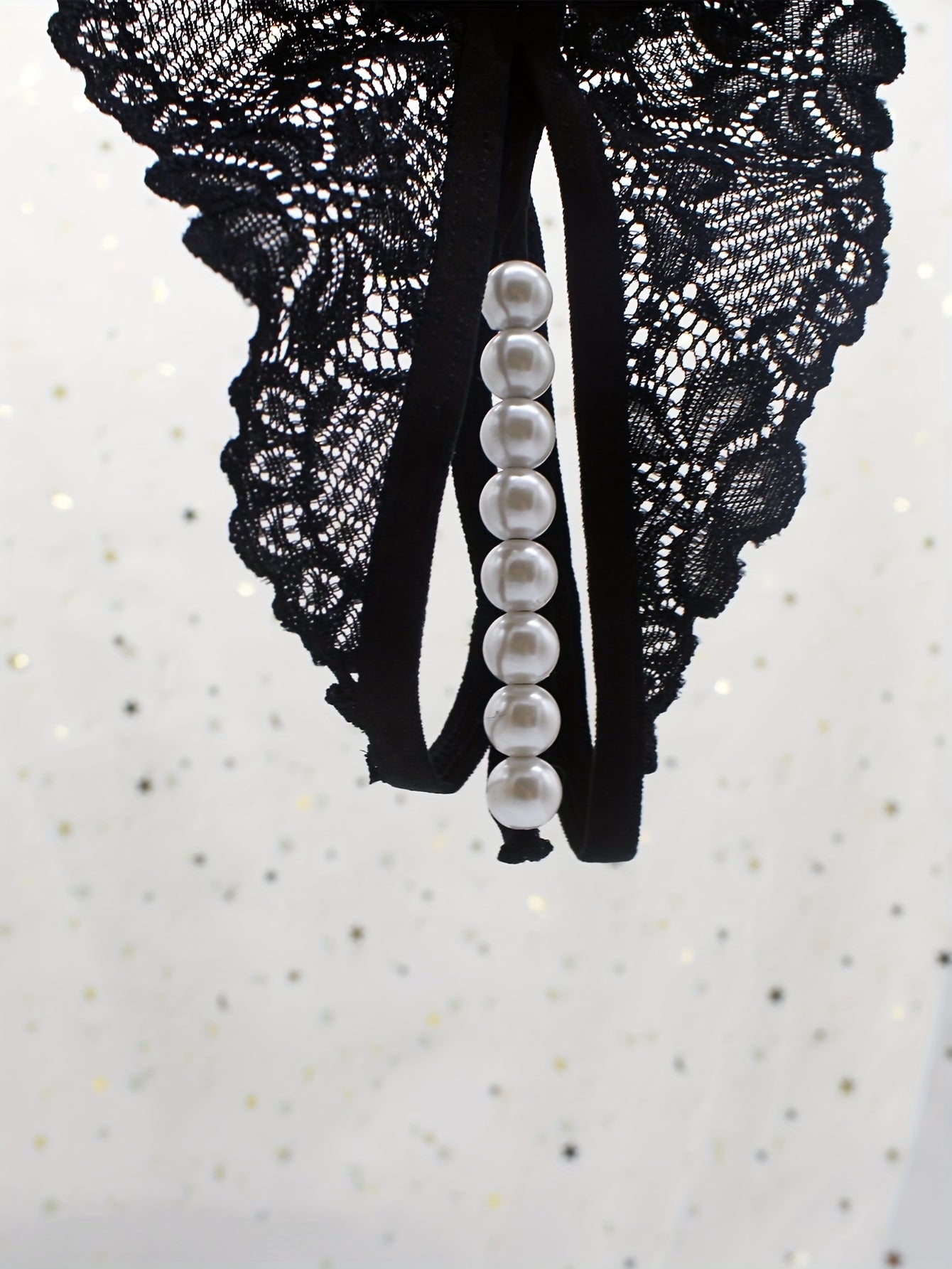 Women's Floral Lace Thong Lingerie with Open Crotch Faux Pearl Panties