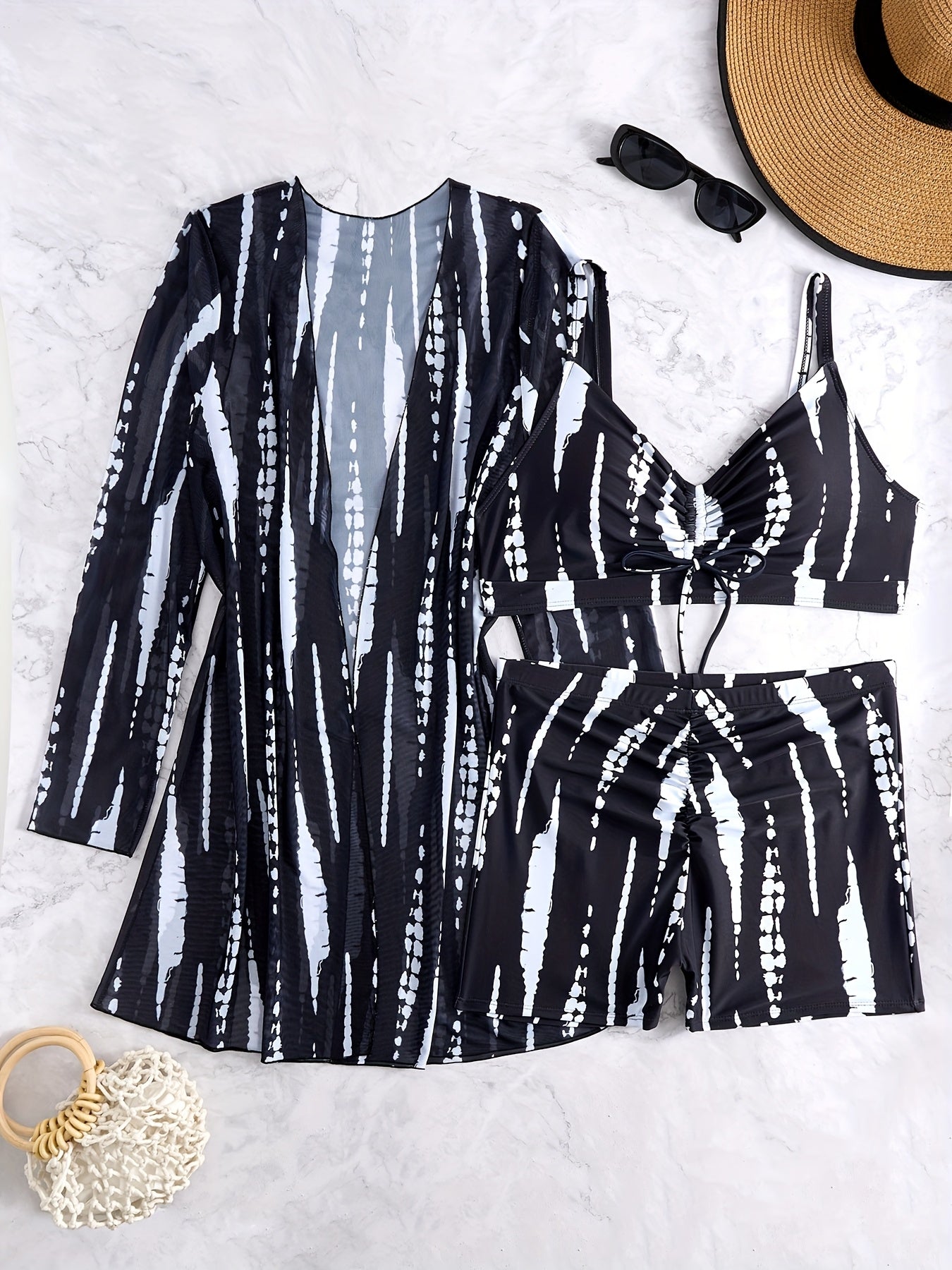 3-qismli tortish qopqog'i bilan plus size bikini to'plami, qorinni yashiruvchi suzish kiyimi va qoplama