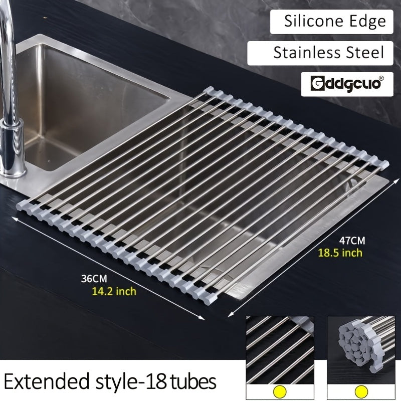 Large Grey Stainless Steel Silicone Heat Resistant Non-Slip Dish Drying Rack with Sink Drain