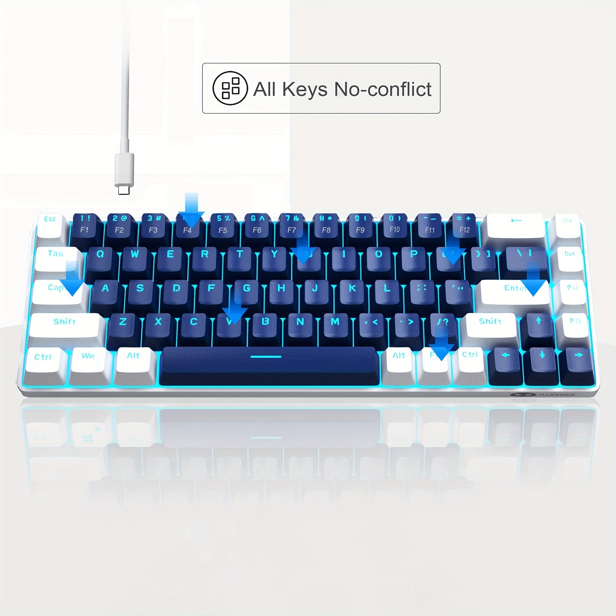 Teclado mecánico compacto para juegos del 60% con interruptores azules, retroiluminación LED, ergonómico para Windows, Mac, PC y portátil