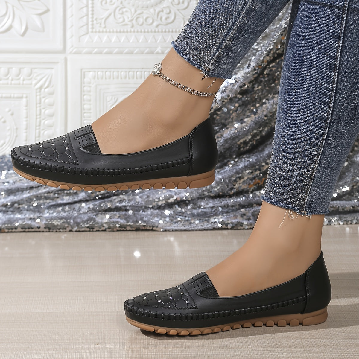 Women's Slip-On Loafers Faux Cover Shoes Comfortable TPR Sole Black White