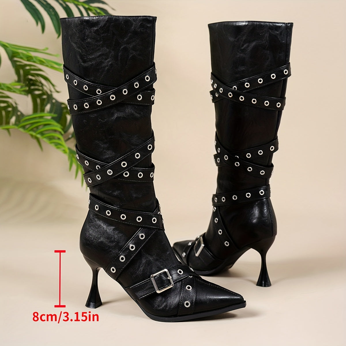 Ayollar uchun Punk uslubidagi o'rta balandlikdagi qizil charm botlar, stilletto, zippersiz, poyabzal