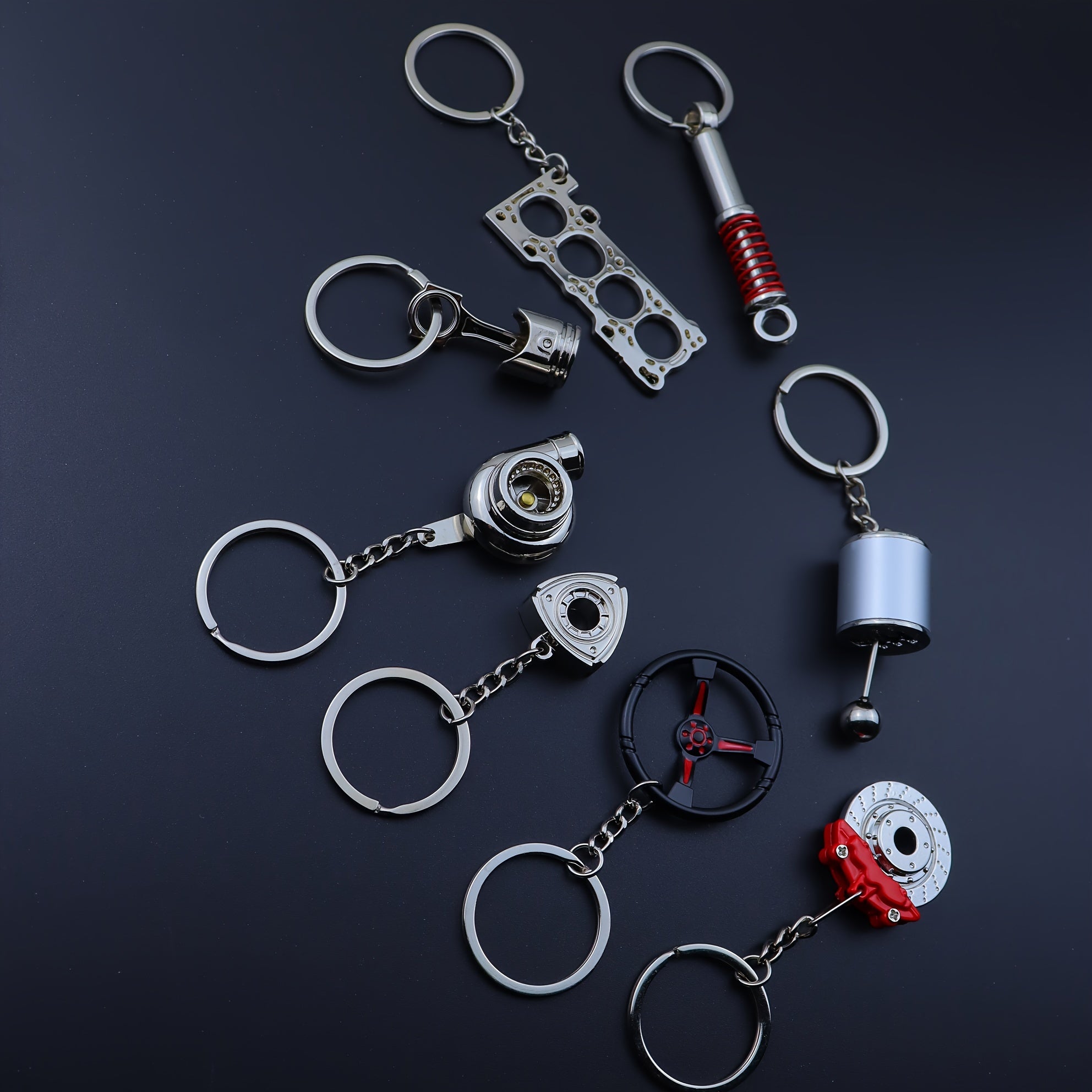 Car Keychains Piston Brake Disc Gear Turbocharger Engine Blade Steering Wheel Accessories