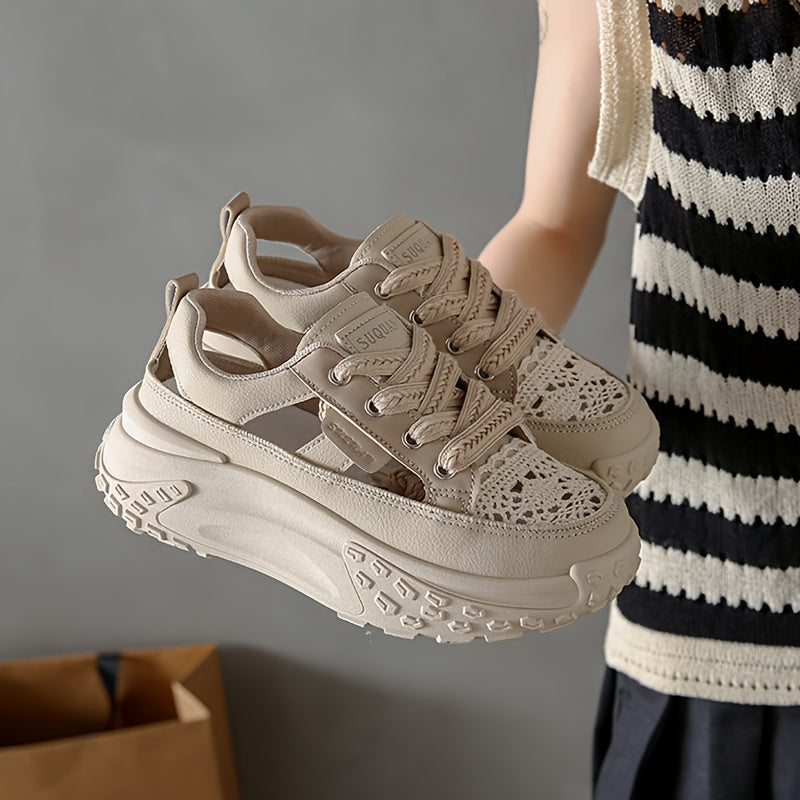 Women's Breathable Mesh Sneakers Summer Walking Shoes Casual Lace-Up Beige Black