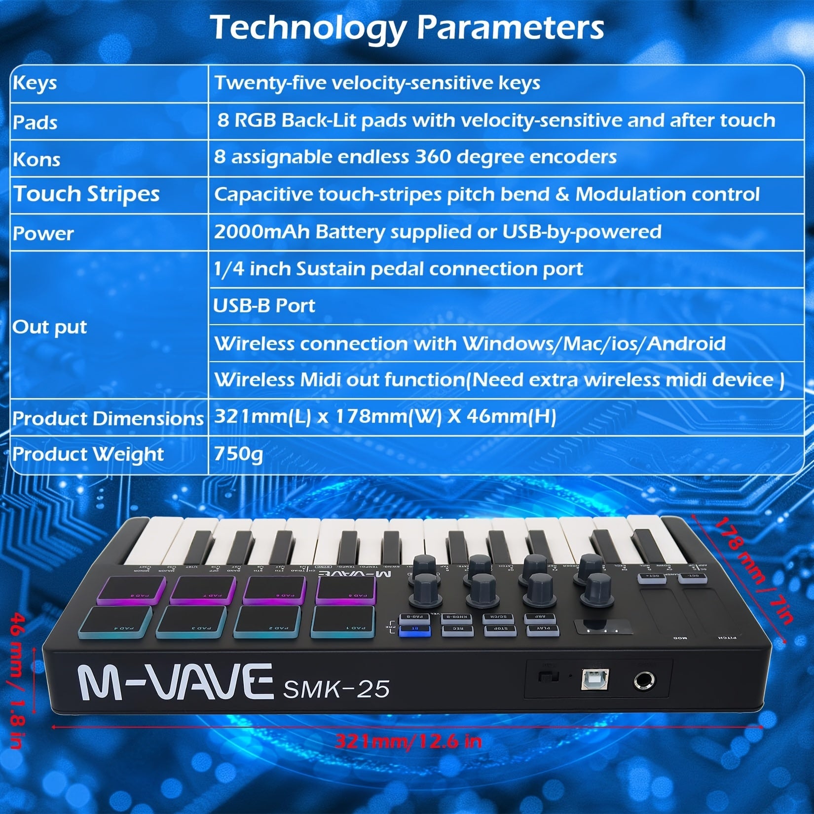 25 ta kalitli professional MIDI klaviatura, 8 ta yoritilgan baraban padlari va simsiz ulanish uchun o'rnatilgan batareya, musiqa ishlab chiqarish uchun ideal.