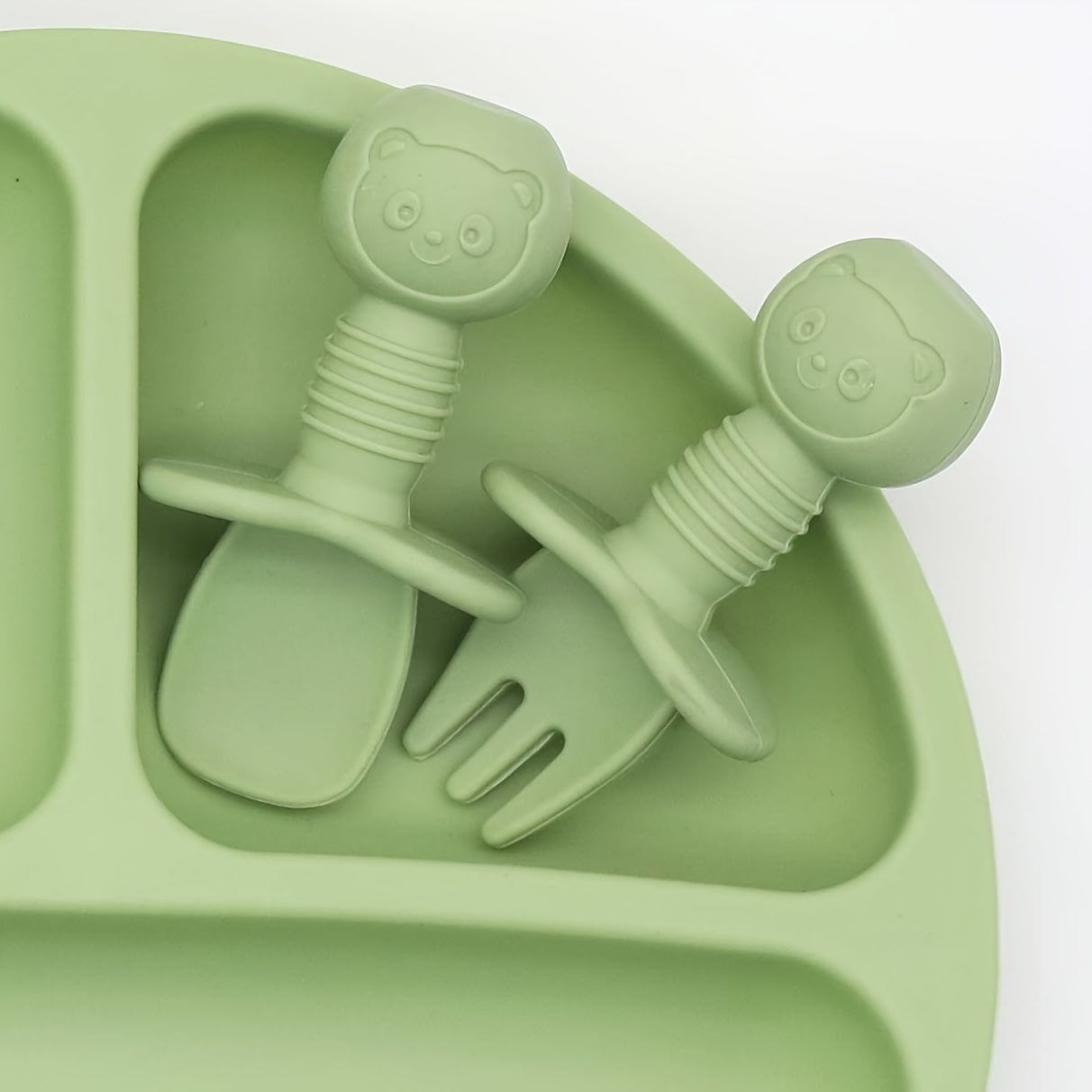 7-Piece Silicone Baby Utensils Set with Bowl Plate and Wooden Handle Spoons Forks Green