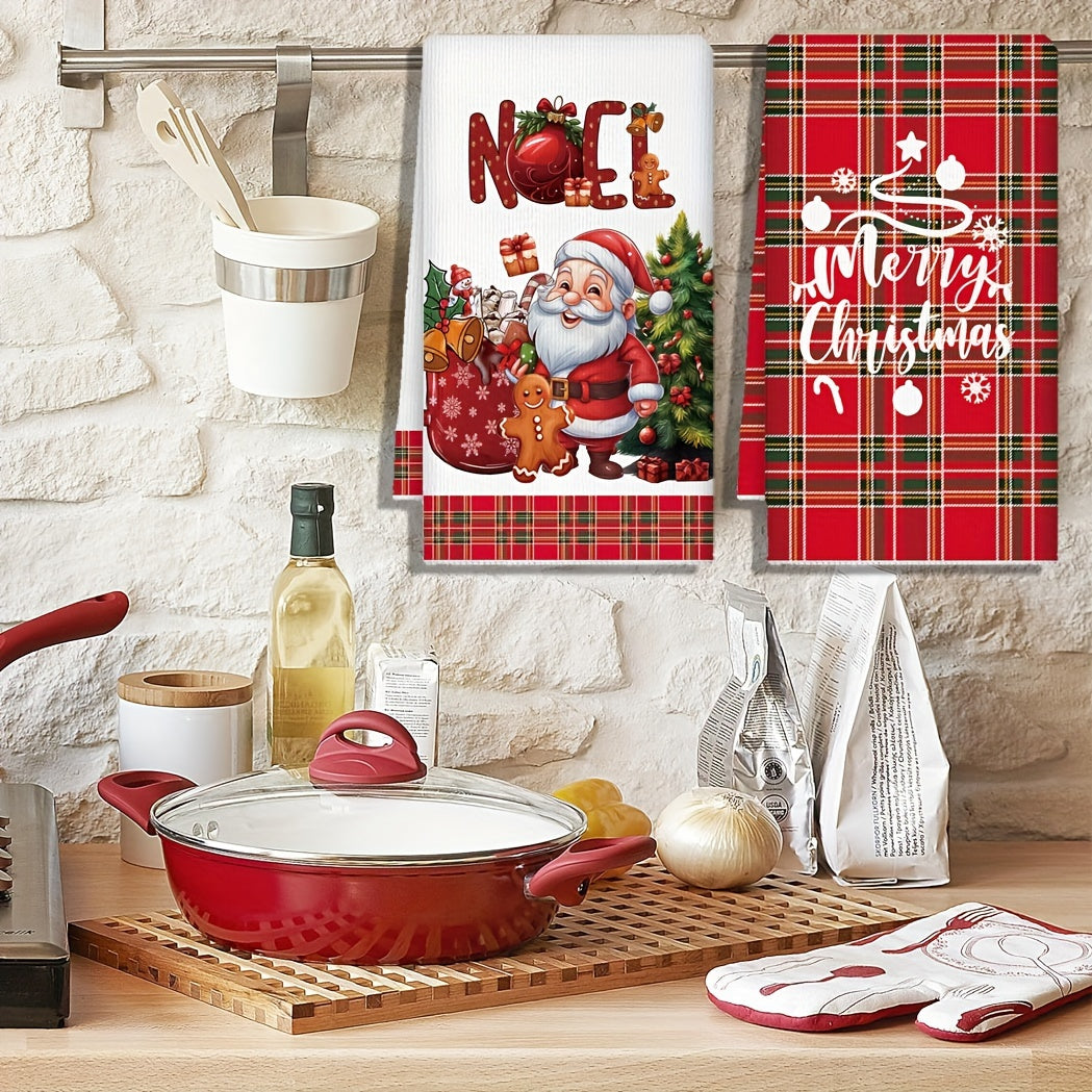 Set of 2 Christmas Kitchen Towels Microfiber Santa Gingerbread Red Plaid 70cm