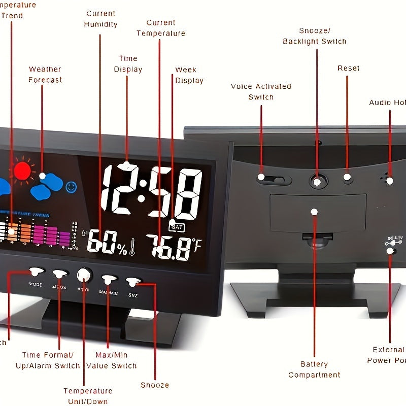 Ko'p funksiyali Smart Clock ni taqdim etamiz, unda ovoz bilan boshqariladigan yoritish, raqamli displey, signal, termometr va gygrometr mavjud. U vaqt, sana, haftaning kuni, harorat va namlikni uyda va ofisda kuzatib borish uchun mukammal.