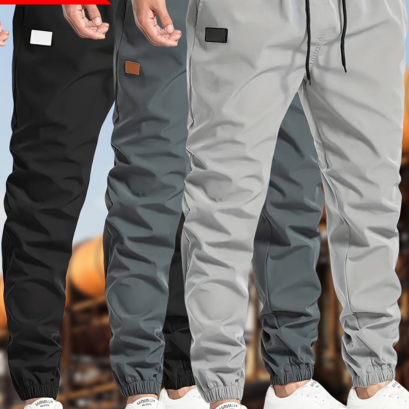 Men's Polyester Drawstring Joggers Casual Cargo Pants in Black Dark Gray Olive Green