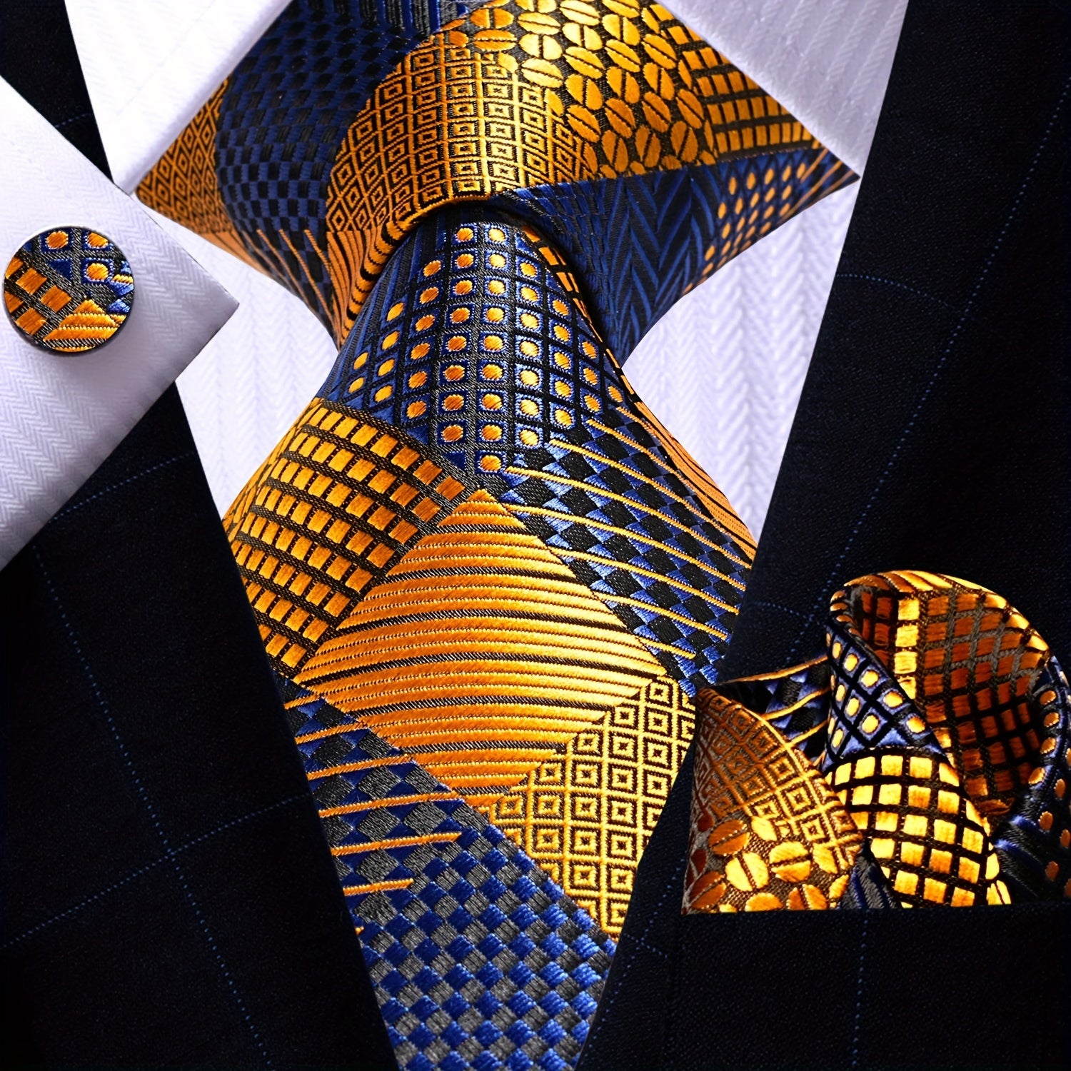 Men's Gold Accessories Set Tie Pocket Square Cufflinks for Weddings Business