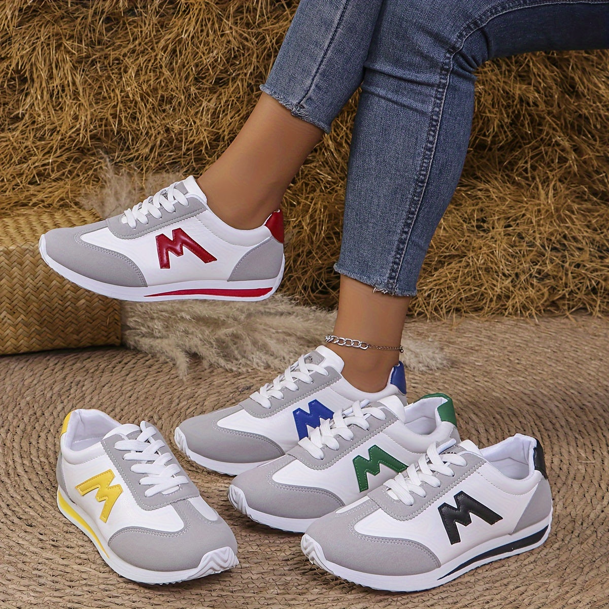 Women's Letter Pattern Sneakers, Casual Lace-Up Outdoor Shoes, Plus Size