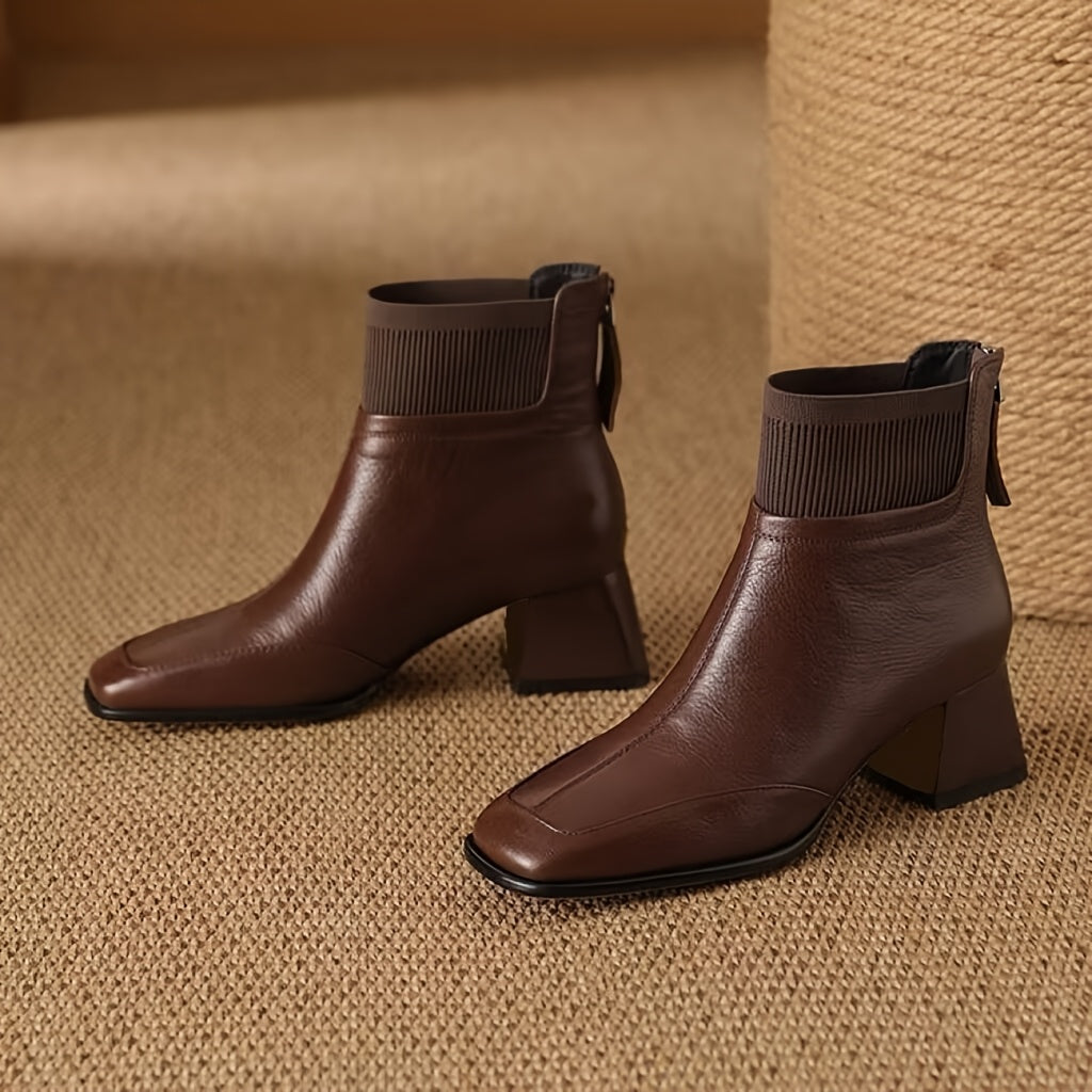 Women Ankle Boots Faux Leather Chunky Heel Elastic Side Brown