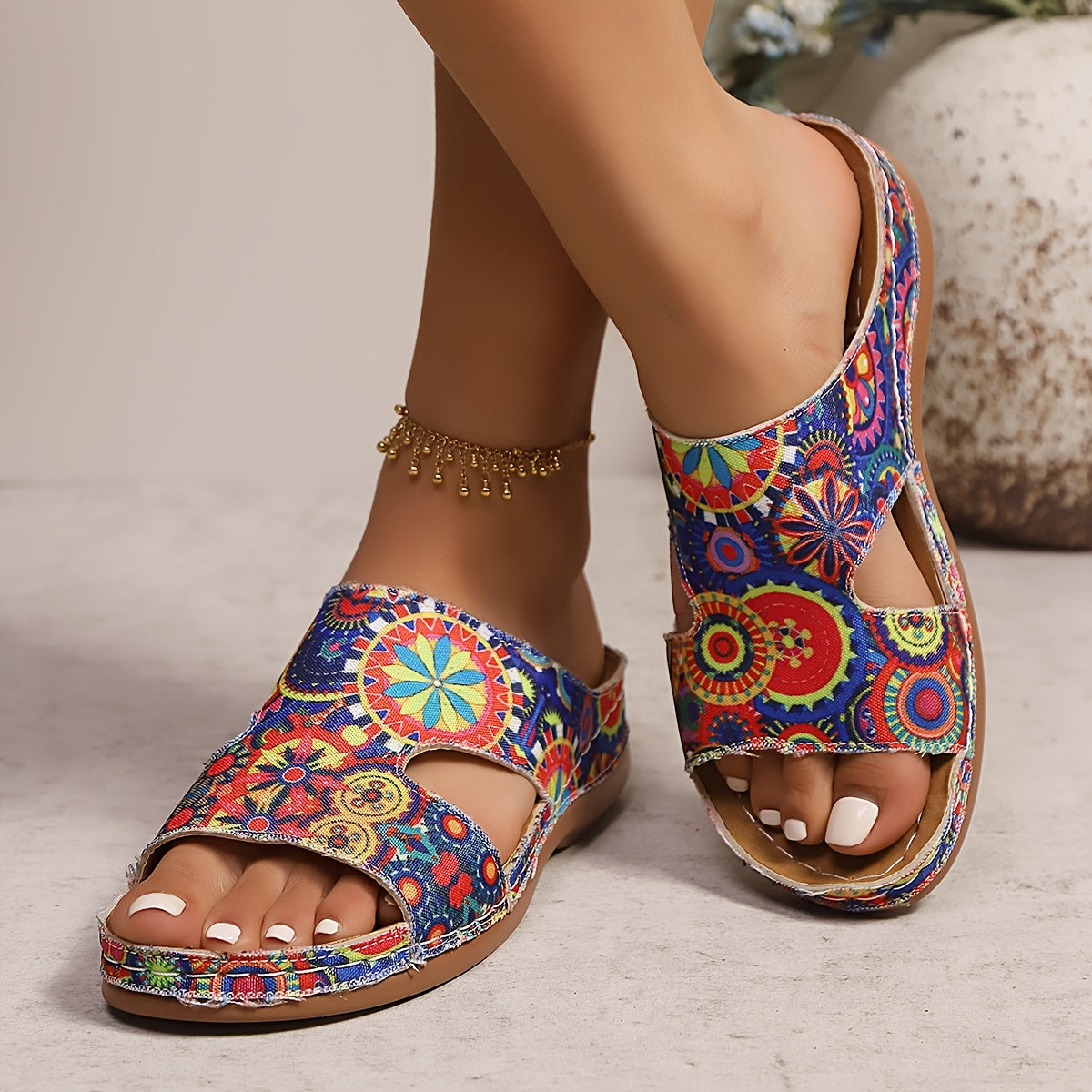 Women's Floral Print Slip-On Sandals - Lightweight, Breathable, Open Toe
