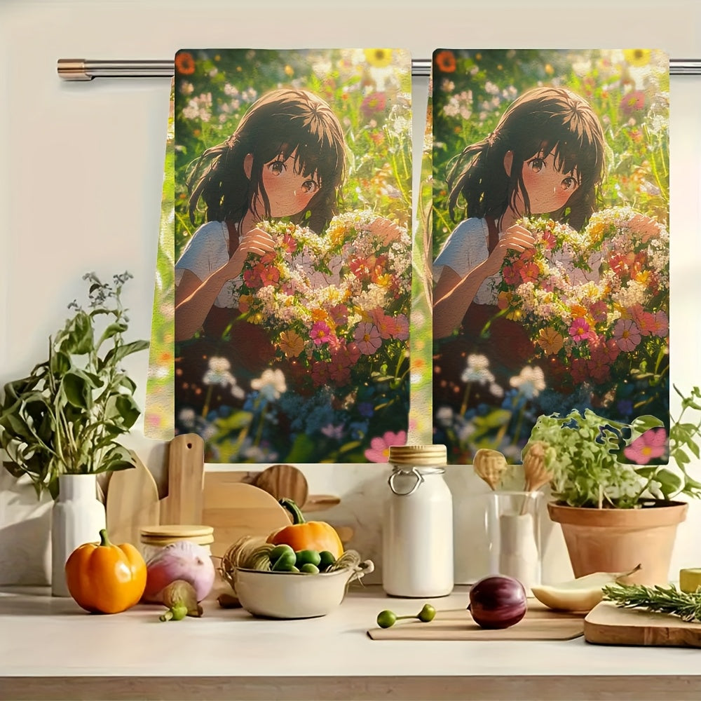 Set of 2 Ultra Soft Kitchen Towels 16x24 Absorbent Anime Girl Decor