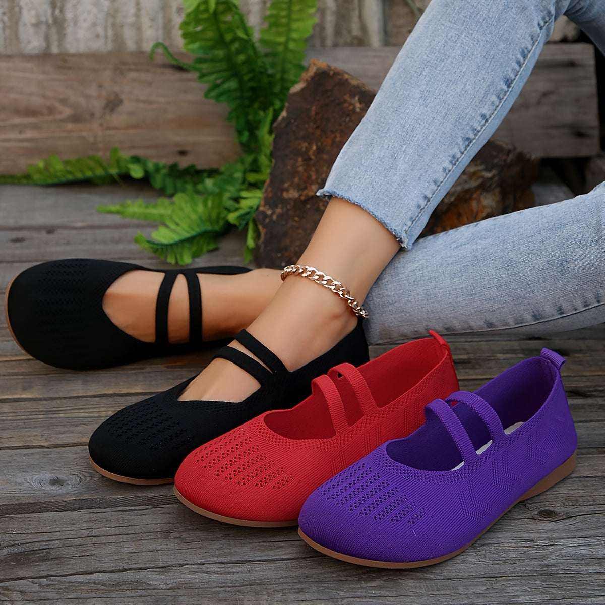 Women's Breathable Knit Slip-On Flats Casual Outdoor Shoes Round Toe Black Red Purple