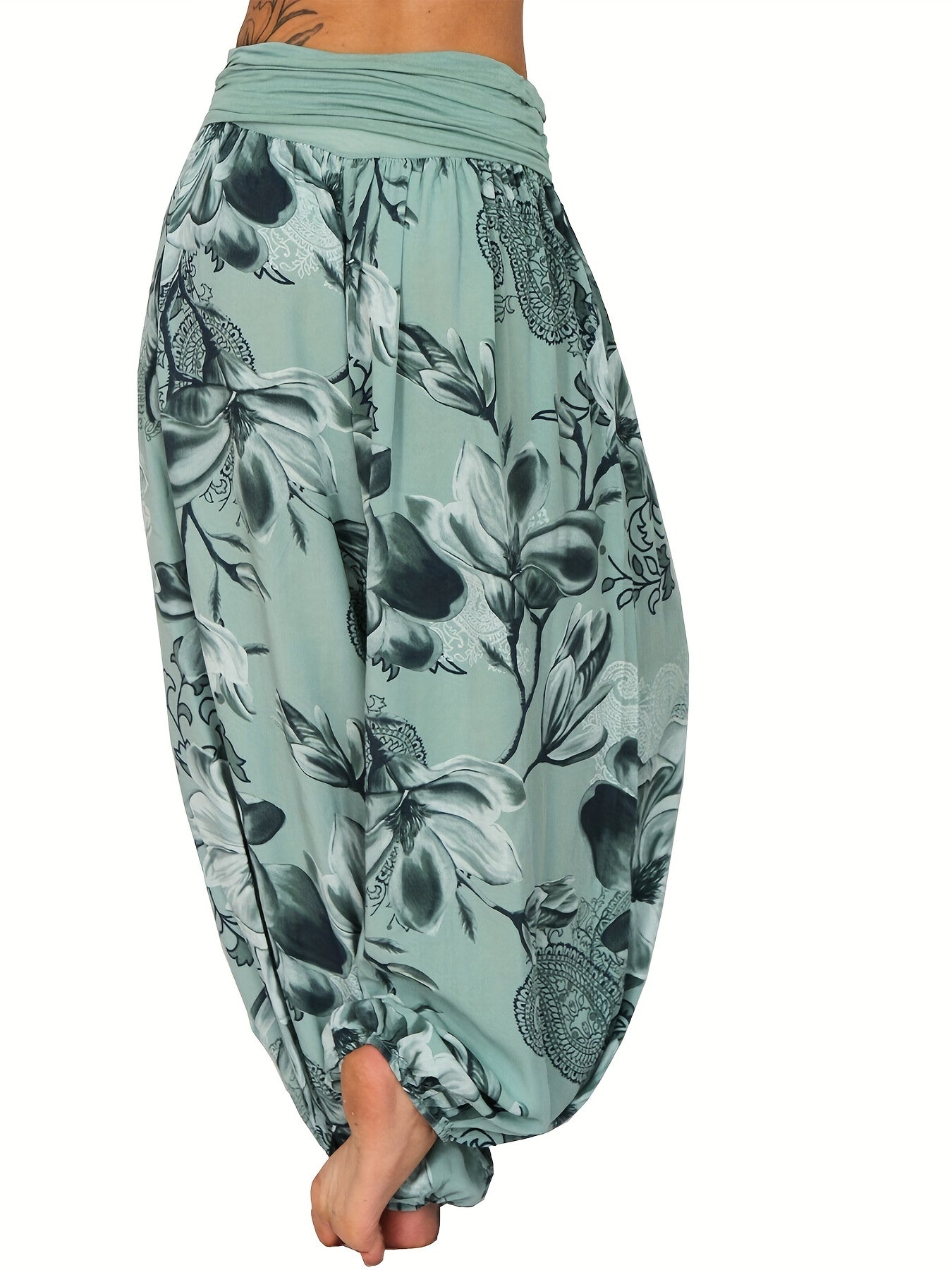 Pantalones harem de estampado floral para mujer en azul y blanco, de poliéster ligero, con pierna ancha, estilo casual para vacaciones