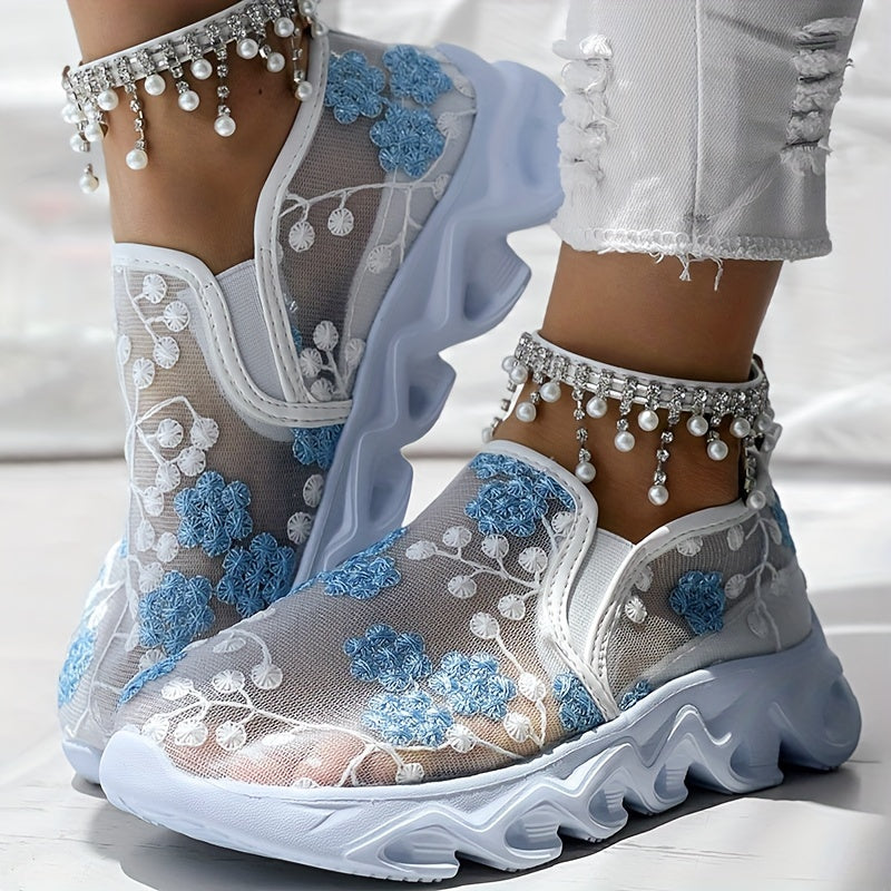 Women's Embroidered Fabric Slip-On Sneakers with Rubber Sole