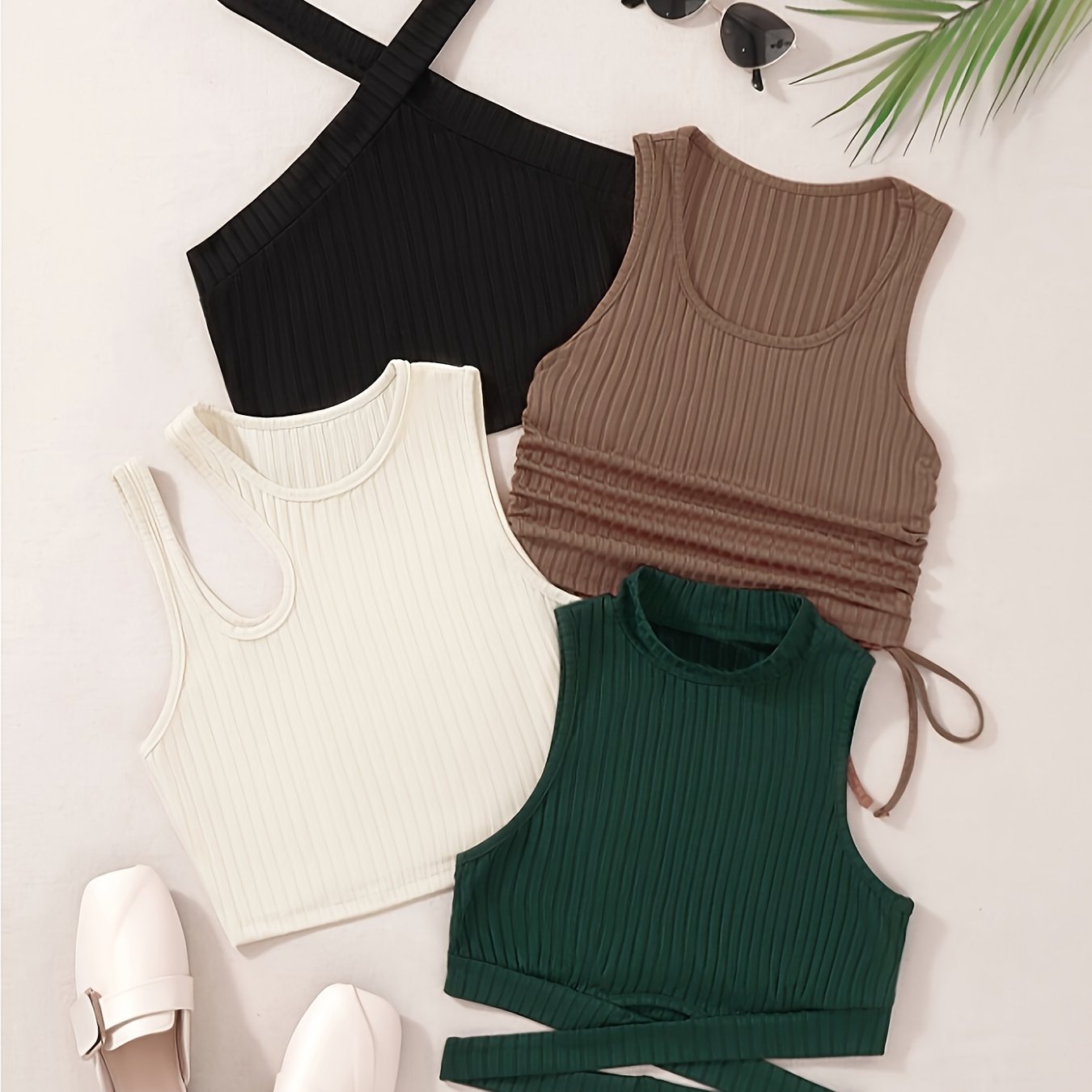Women’s Ribbed Sleeveless Crop Top Pack Solid Knit Summer Elasticity