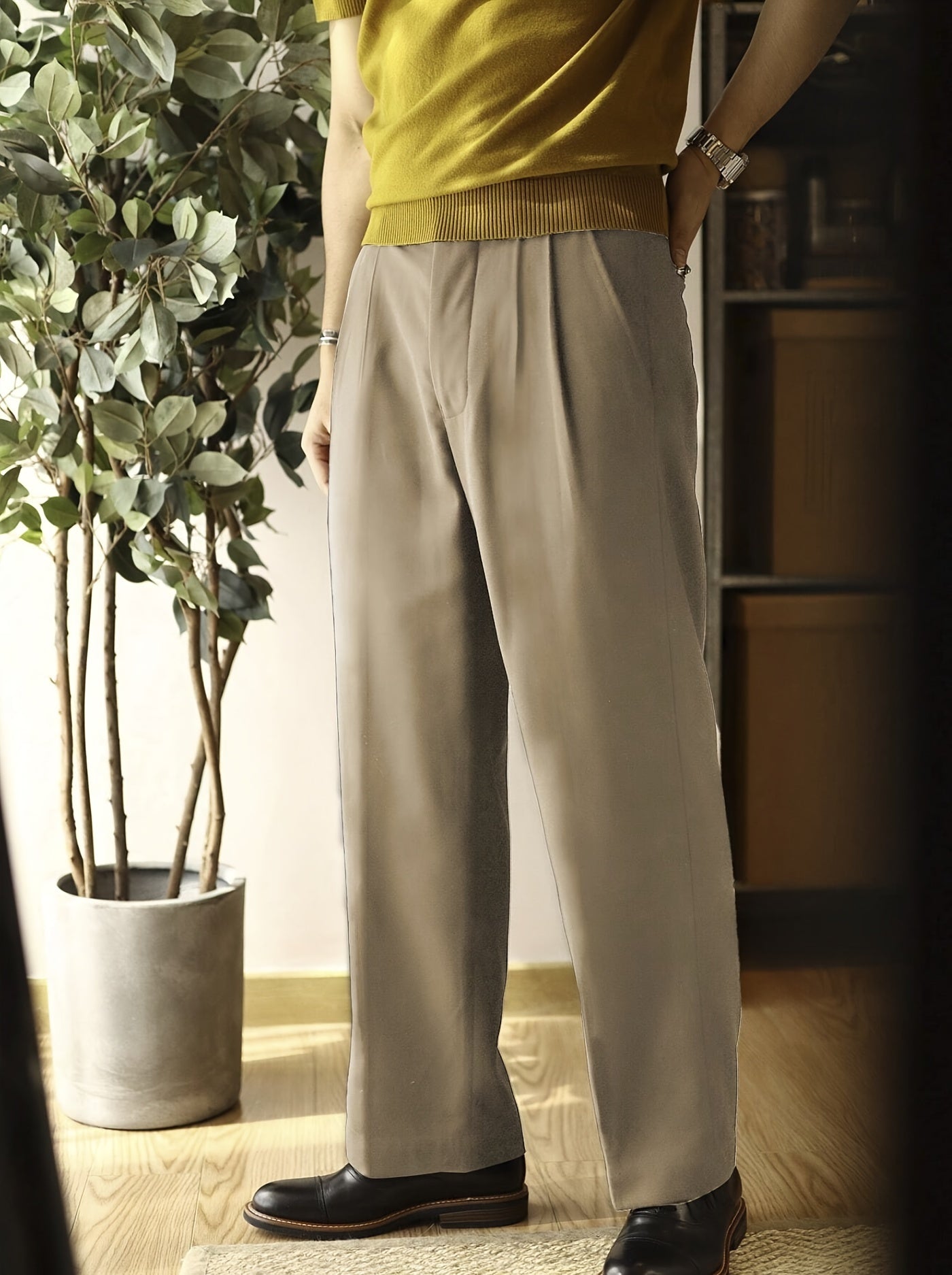 Pantalones de traje de cintura alta para hombre de color sólido, poliéster no elástico, casual, con pliegues y bolsillos, para todas las estaciones