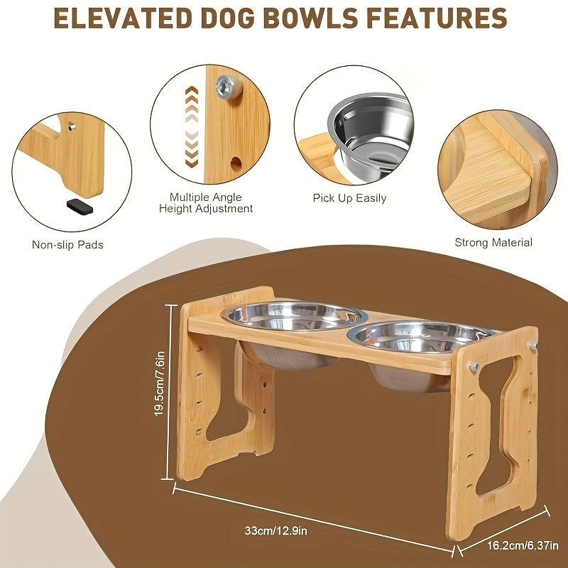 Adjustable Pet Feeder with Bamboo Stand and Stainless Steel Bowls for Small Pets