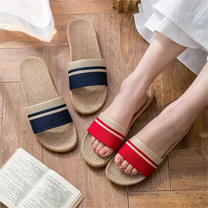 Women's Linen Slides Open-Toe Flat Summer Sandals Indoor Outdoor Size 6-10.5