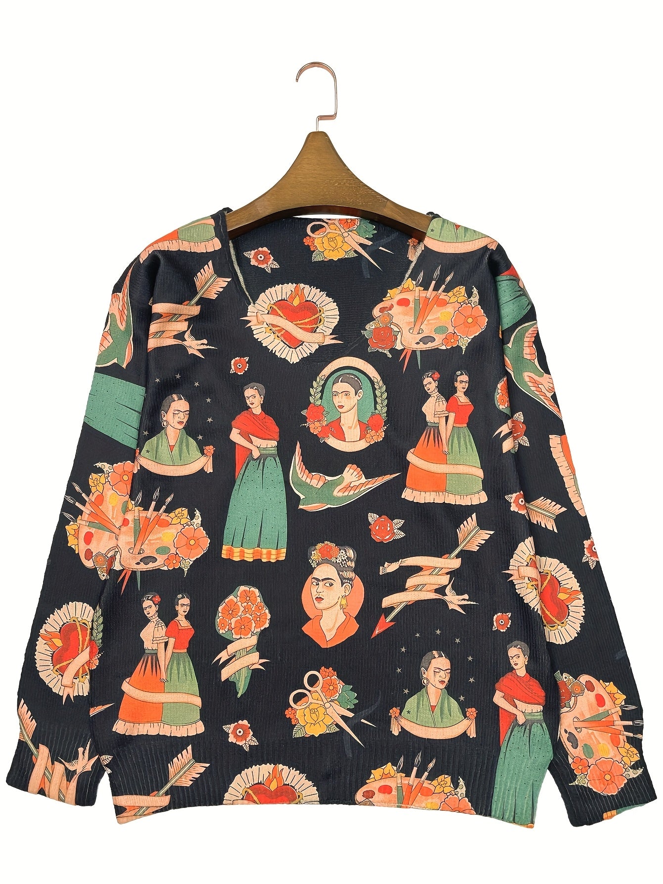 Plus Size Women's Lightweight V-Neck Sweater with Floral Print Casual Pullover