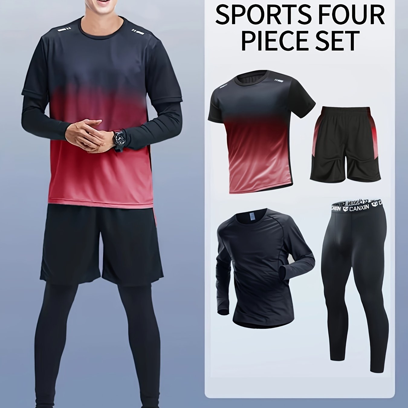 Men's Athletic Set Long Sleeve Tee Shorts Compression Pants Leggings Gradient Colors Breathable High-Elasticity Sports Training