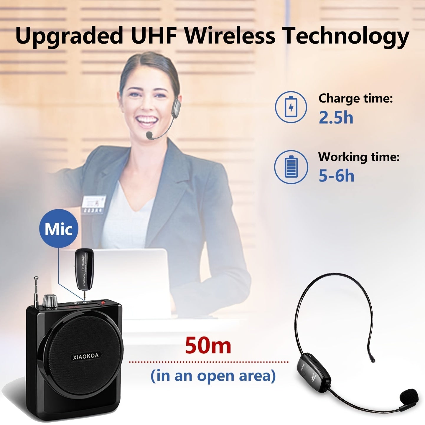 Wireless Microphone Headset with UHF Receiver for Public Speaking and Teaching USB Type-C Charging