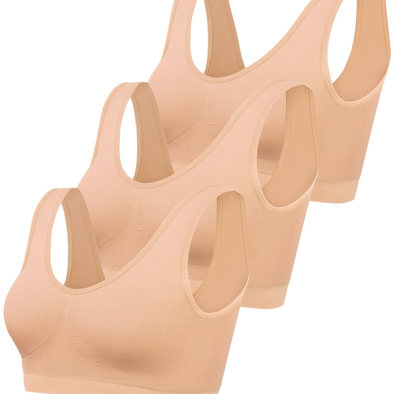 Women's Seamless Sports Bras 3-Pack Black White Beige Ribbed Nylon Tank Top Style No Padding