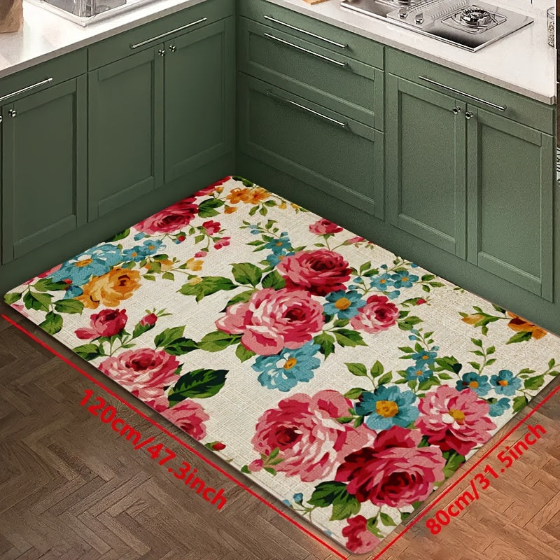 Polyester Kitchen Mat Non-Slip Waterproof Oil-Proof Floral Design Machine Washable Floor Mat
