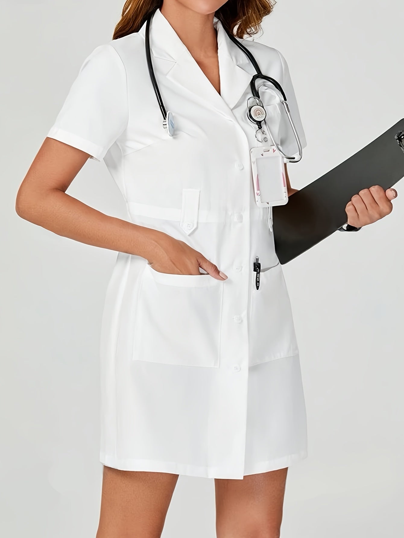 White Short Sleeve Lapel Coat for Adults with Pockets and Regular Fit