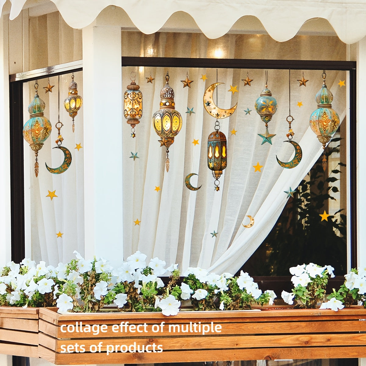 Ramazon bayrami uchun ikki tomonlama oy va yulduzlar dekori - 30.48 sm x 60.96 sm - Yotoqxona, Oila xonasi va Balkon bezatish uchun qayta ishlatiladigan PVC statik yopishqoq - Lanternlar, Shisha uchun ideal, D16013-YJ