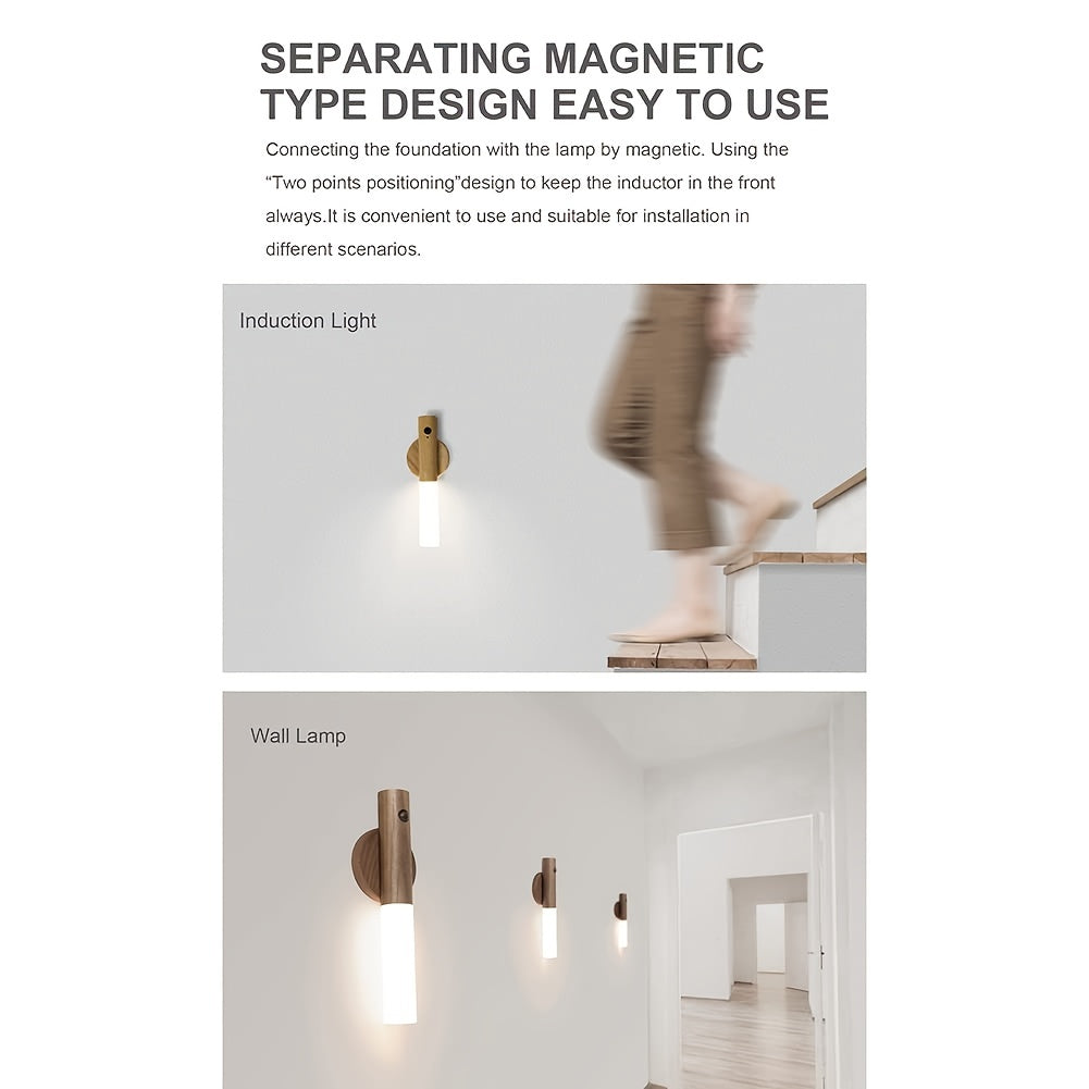 Wooden Motion Sensor Night Light with Rechargeable LED and Magnetic Mount