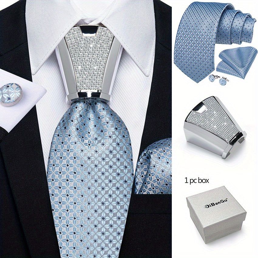 Men's Business Accessory Set with Silver Ring Cufflinks and Handkerchief