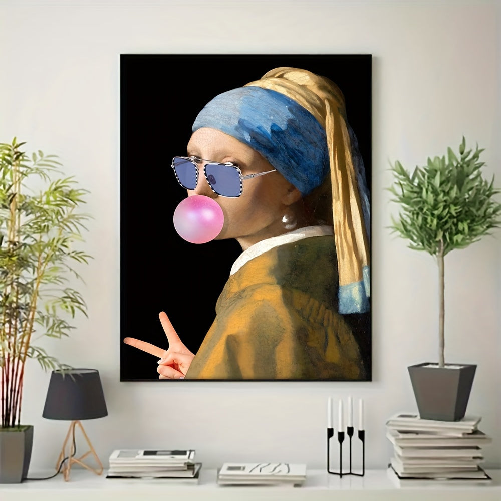 Funny Girl With Pearl Earrings Canvas Wall Art Modern Portrait Home Decor Gift