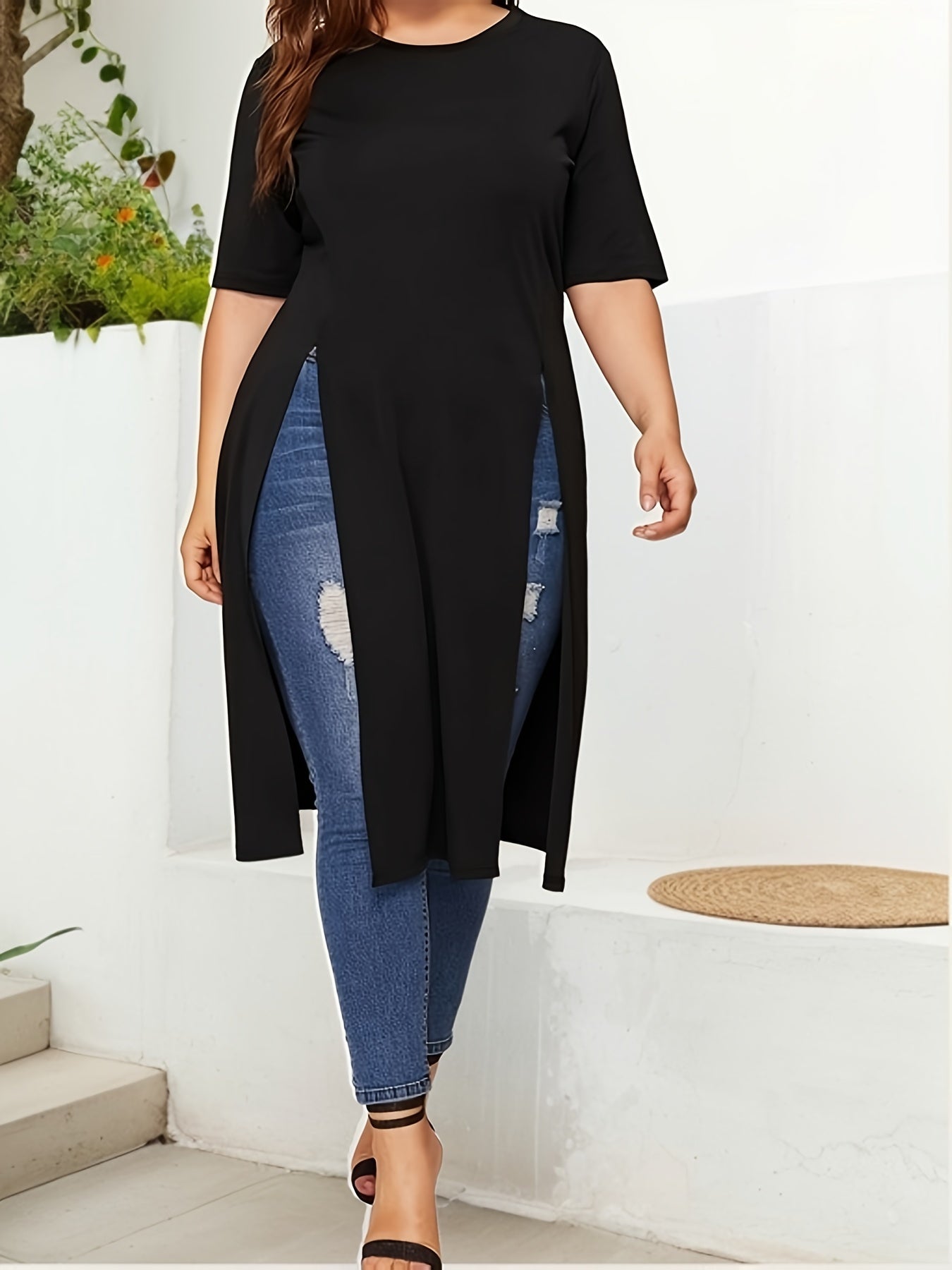 Camiseta larga de talla grande para mujer con aberturas, negro, manga corta, tela elástica