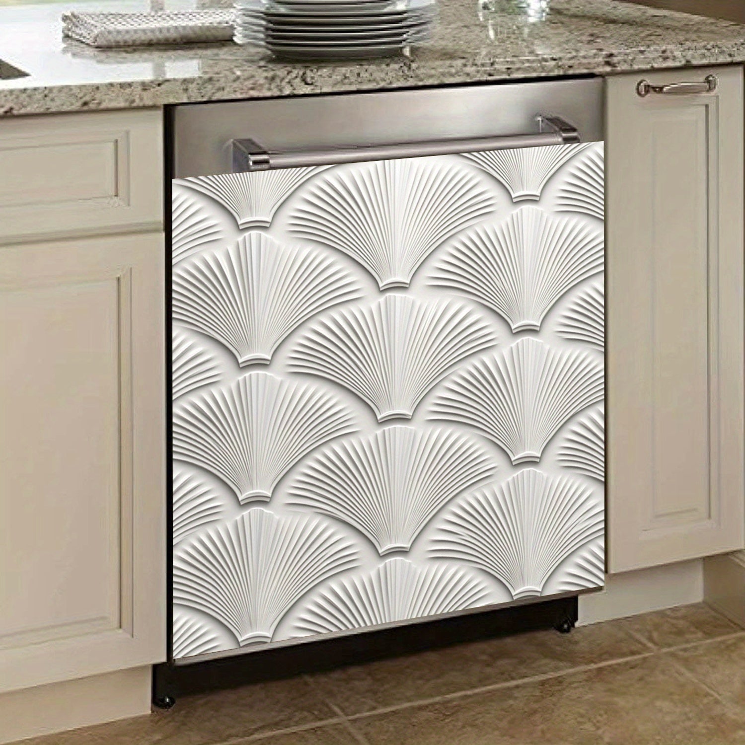 Oq scallop naqshli idish-tovoq magnit qopqog'i, suv o'tkazmaydigan, issiqlikka chidamli PVC 58.5x65 sm