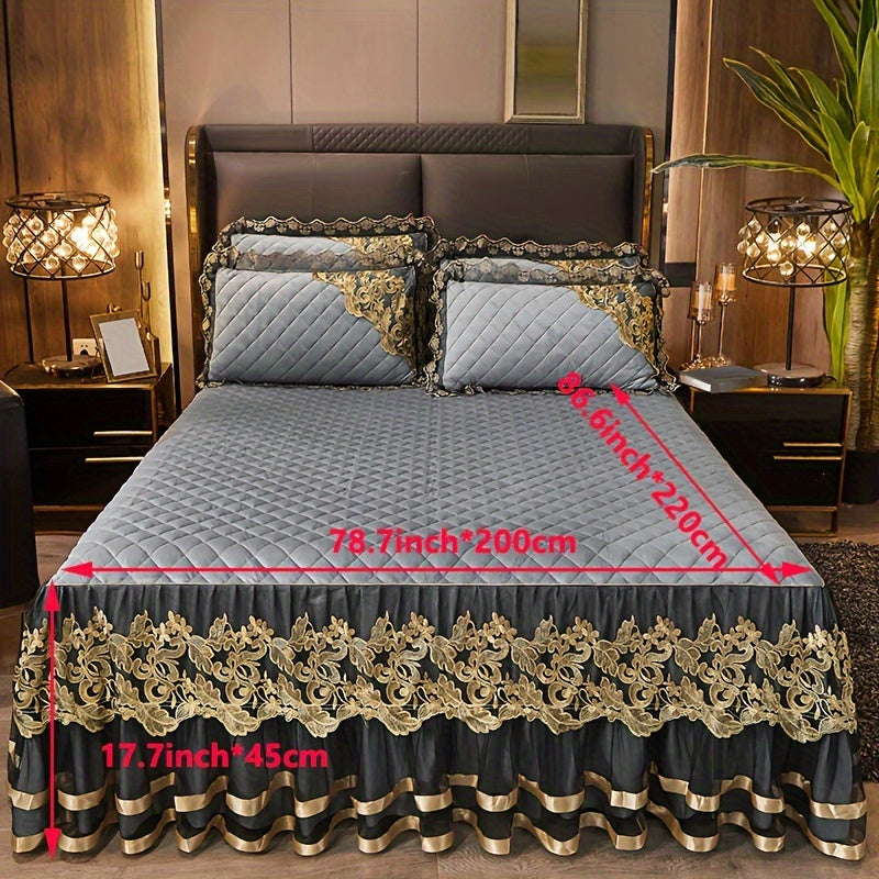 Solid Color Bed Skirt and Pillowcase Set with Lace Detail Quilted Ruffled Design