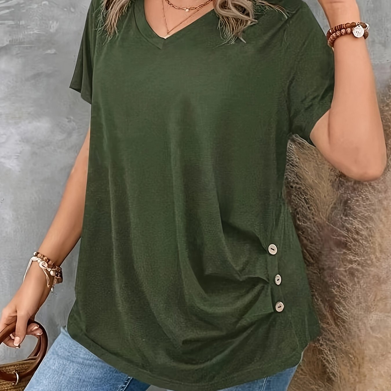 Plus Size Women's V-Neck Button T-Shirt Polyester Casual Short Sleeve
