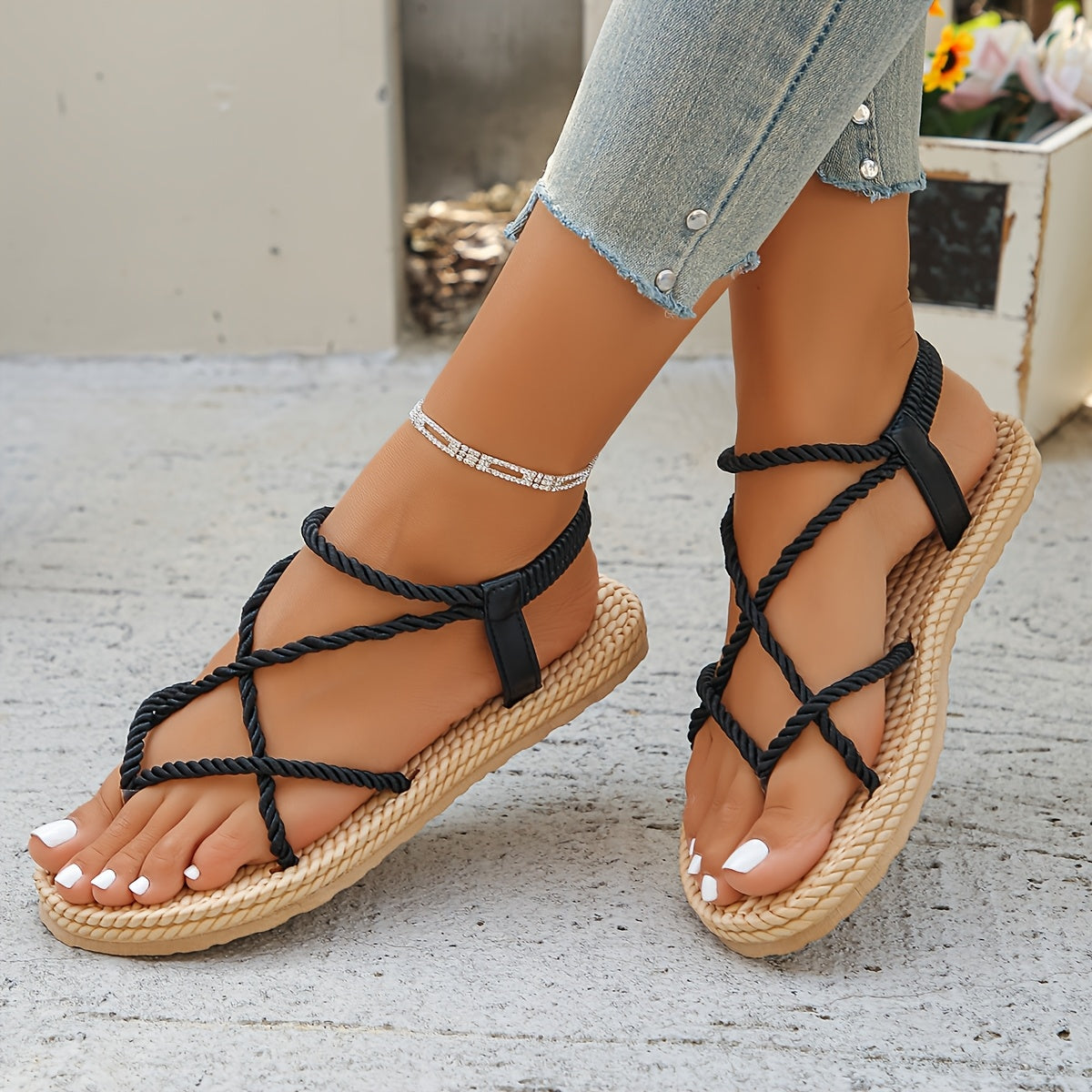 Women’s Flat Sandals Summer Slip-On Cross Strap Linen Upper EVA Sole